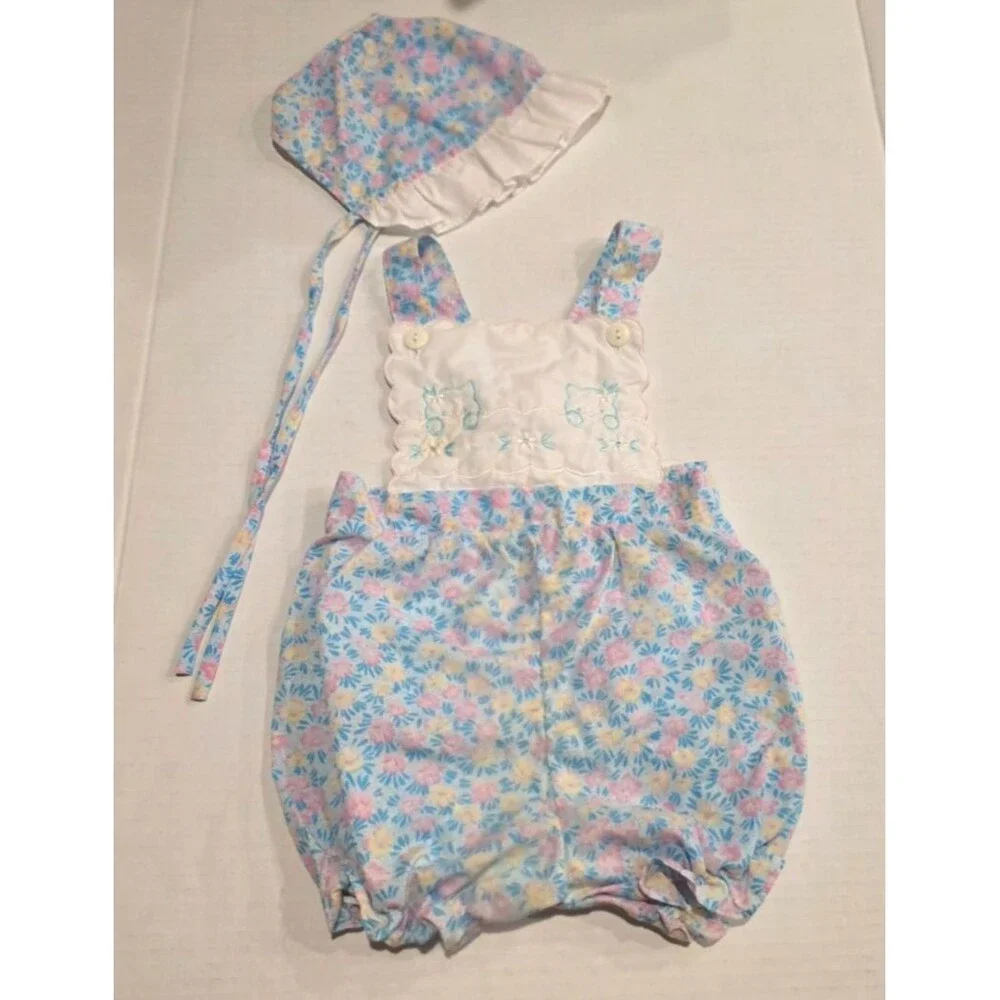 Vintage Blue Floral Romper Overalls with Cats, Matching Bonnet 24 Months